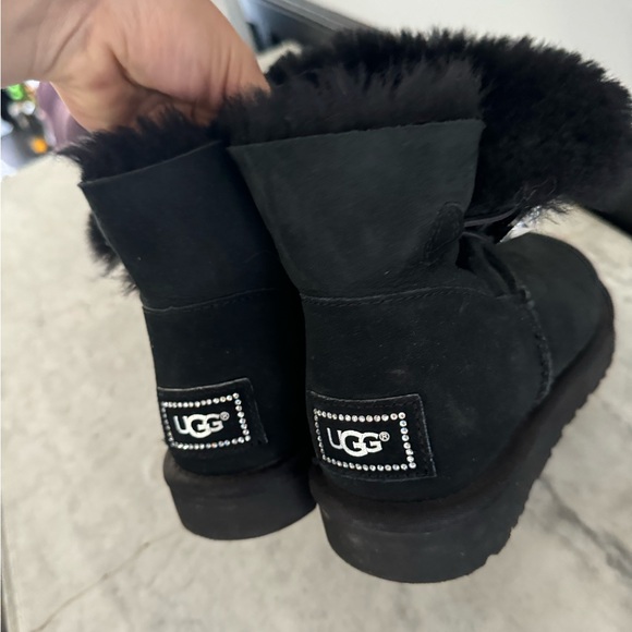 UGG Mini Bailey Button Bling Black Sheepskin Swarovski Sheepskin Suede Boot - Picture 4 of 7